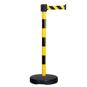 MORION Gurt-Warnständer BASIC mit gelb-schwarz gestreiftem Gurt, runder schwarzer Standfuß, Absperrung für Bereiche.
