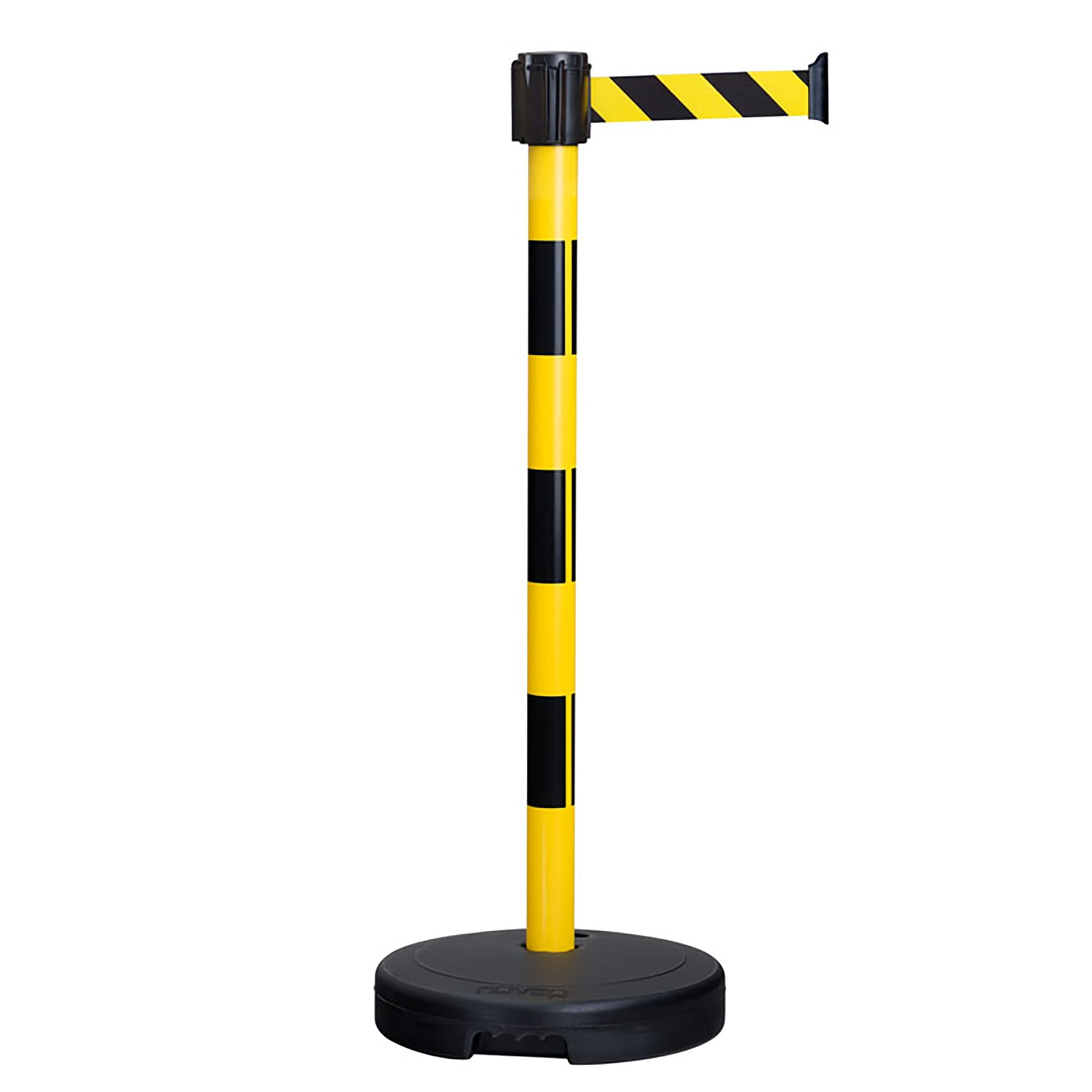 MORION Gurt-Warnständer BASIC mit gelb-schwarz gestreiftem Gurt, runder schwarzer Standfuß, Absperrung für Bereiche.