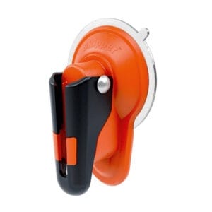 Orange-schwarze Saugnapfhalterung mit Hebelmechanismus, zur Montage auf glatten Oberflächen, geeignet für Gurtbandaufnahme.