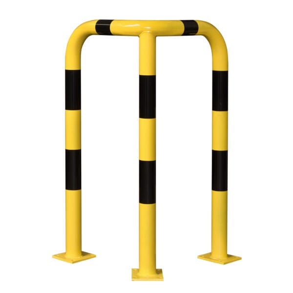 Gelber Rammschutzbügel Rundrohr, drei Beine, schwarze Streifen, für ebene Flächen; Sicherheitsbügel aus Stahl.