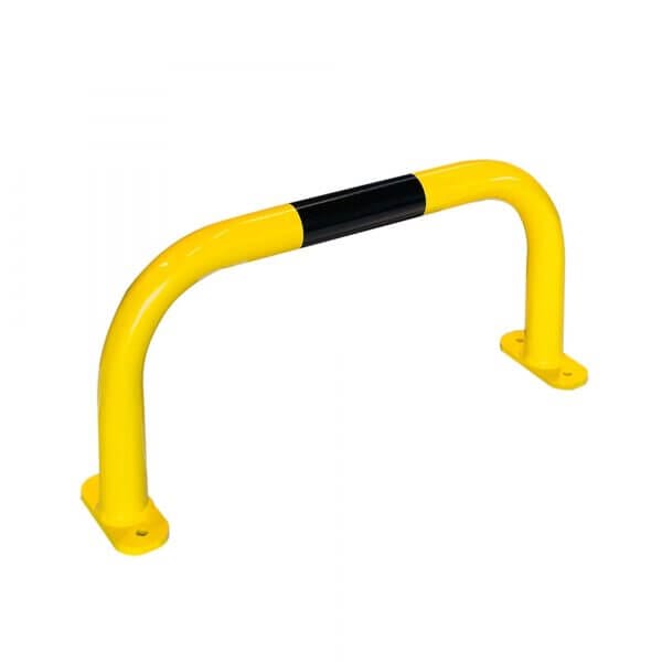 Gelber Rammschutzbügel aus Metall, mittlerer schwarzer Streifen, zur Bodenmontage, Absperrung, Objektschutz.