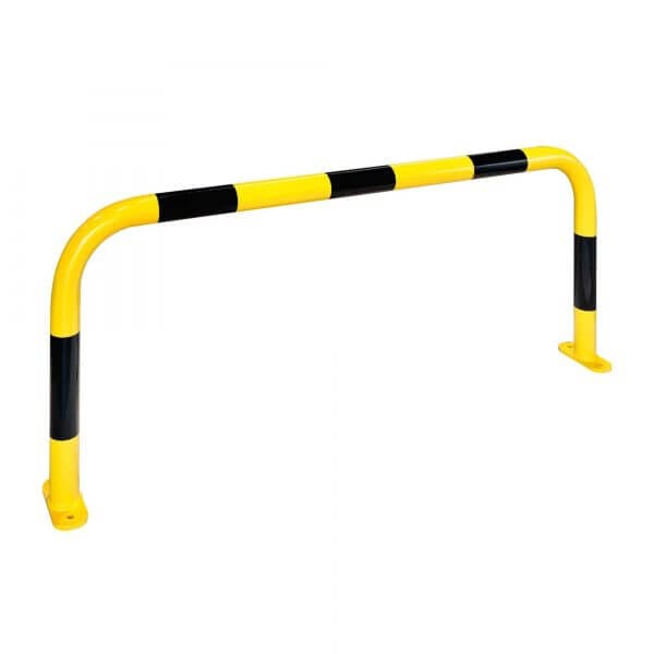 Gelb-schwarz gestreifter Rammschutzbügel aus Metall mit zwei Montageplatten, ideal für ebene Böden, BLACK BULL Modell M.