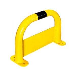Gelber Rammschutz-Bügel M aus Metall mit schwarzem Streifen, stabilem Standfuß, für feste Bodenmontage geeignet.