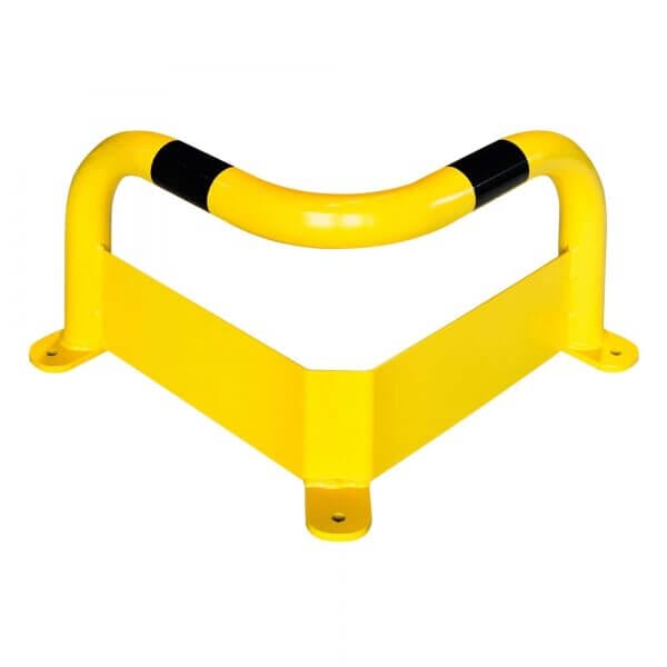Gelber Eck-Rammschutz-Bügel mit gebogenem oberen Teil, zwei schwarzen Streifen und drei Bodenbefestigungs-Löchern.