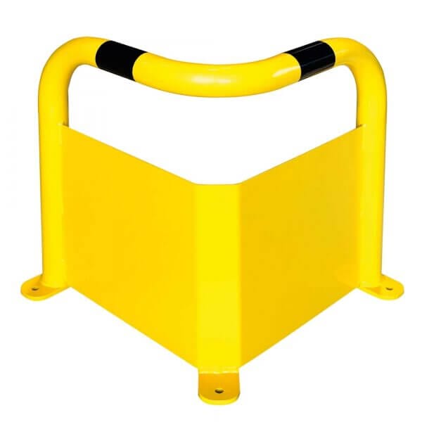 Gelber BLACK BULL Eck-Rammschutz aus Metall mit abgerundetem Bügel und schwarzen Streifen, ideal für Lager- oder Industrieecken.