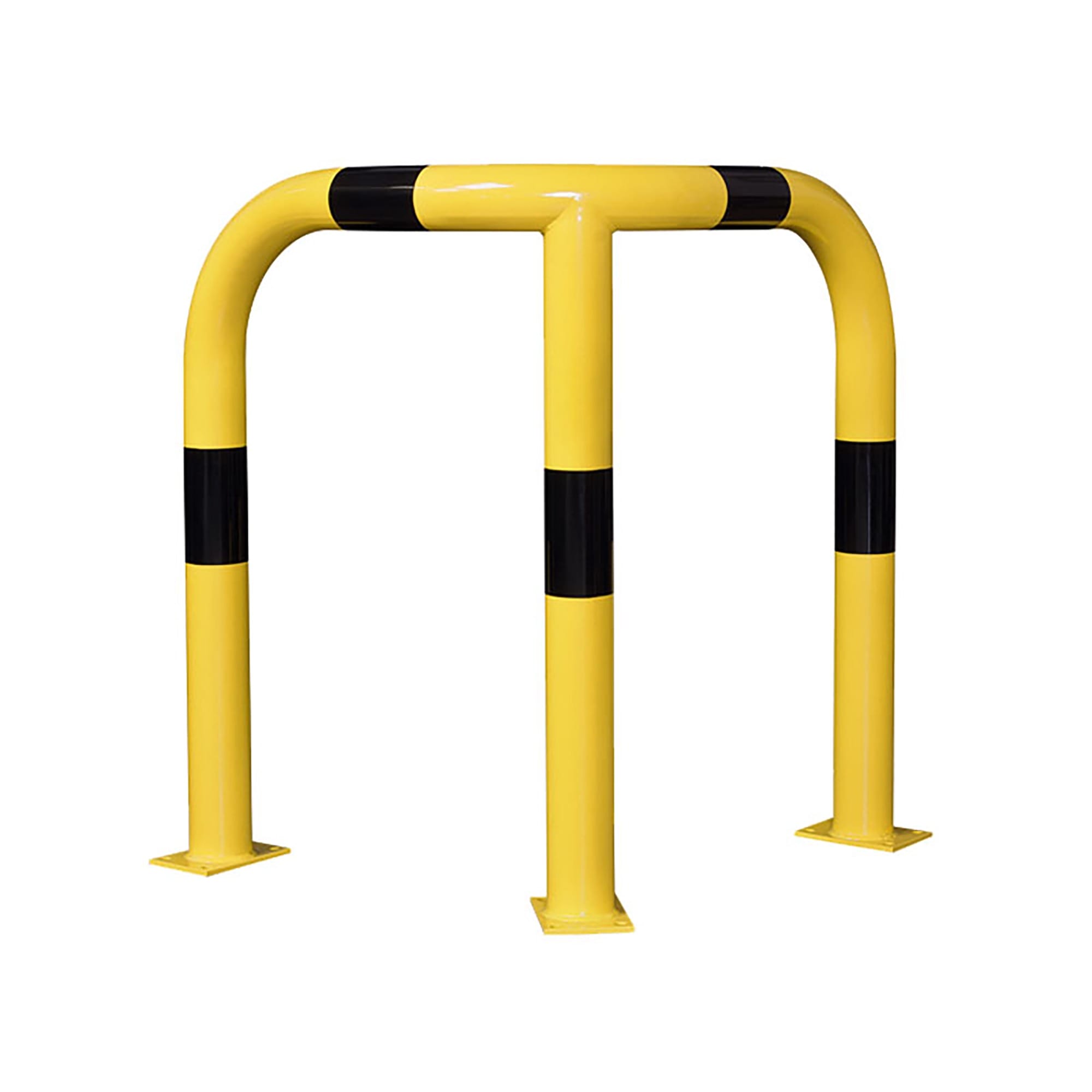 Gelber BLACK BULL Rammschutzbügel XL aus Stahl, drei senkrechte Pfosten, schwarze Streifen, für Lager und Industrie.