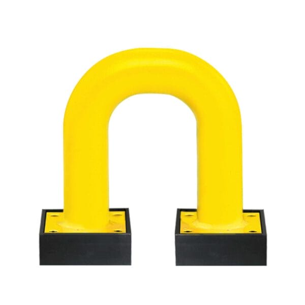Gelber U-förmiger Rammschutzbügel aus Stahl mit zwei schwarzen quadratischen Bodenplatten für Industrie oder Parkplätze.