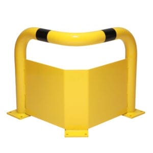 Gelber Stahl-Eckrammschutz mit schwarzen Streifen, flache Bodenplatte, ideal als Anfahrschutz für Lager oder Industrie.