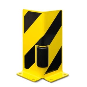 Gelb-schwarz gestreifter BLACK BULL Metallschutzwinkel mit Leitrolle, Bohrlöchern zur Montage und mittigem Gummipuffer.