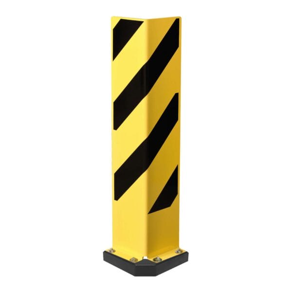 Gelber Kantenschutz mit schwarzen Diagonalstreifen, schwarzem Sockel und vier Bodenbefestigungen, Anfahrschutz-Ecke.