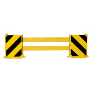Gelbe Regalschutzplanke Metall mit zwei Querstreben, zwei quadratischen Pfosten, schwarzen Diagonalstreifen, weißem Hintergrund.