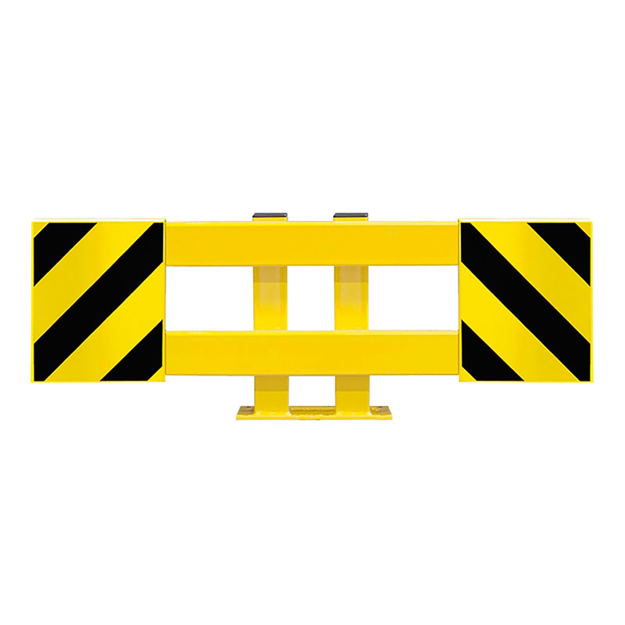 Gelbe Absperrung BLACK BULL Regalschutz-Planke 900 mit schwarzen Diagonalstreifen, schützt vor Fahrzeugdurchfahrt.