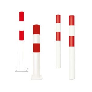 Vier Rammschutzpoller, Modell BLACK BULL, mit roten und weißen Streifen, in vier Varianten auf weißem Hintergrund.