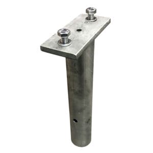 Metall Pfostenanker Rammschutz mit rechteckiger Montageplatte, zwei Schrauben, zylindrischem Fuß und Befestigungslöchern unten.