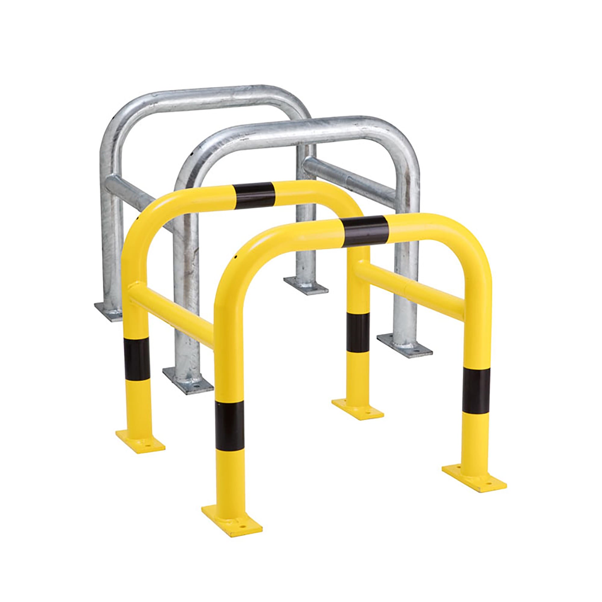 Zwei MORION Säulenschutz aus Stahl: einer gelb mit schwarzen Streifen, einer silberfarben, beide auf rechteckigen Bodenplatten.