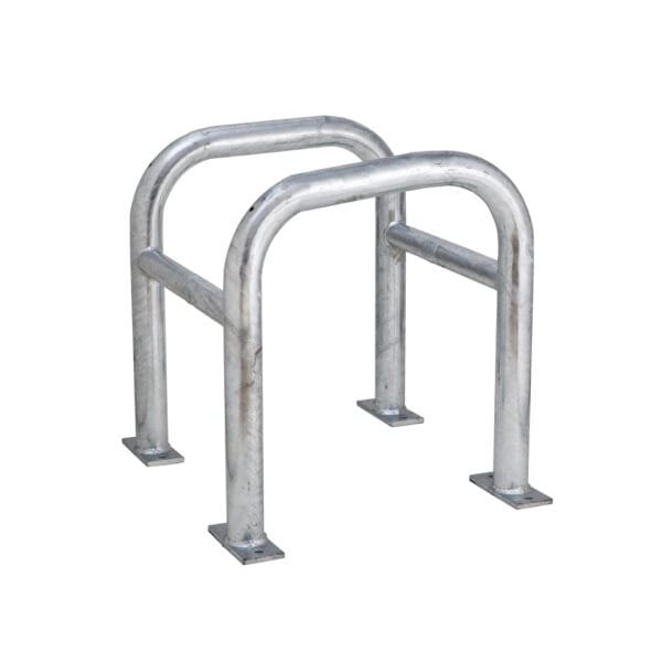 Metall-Fahrradständer mit zwei gebogenen, parallelen Stangen und vier Montageplatten zur sicheren Fahrradbefestigung.