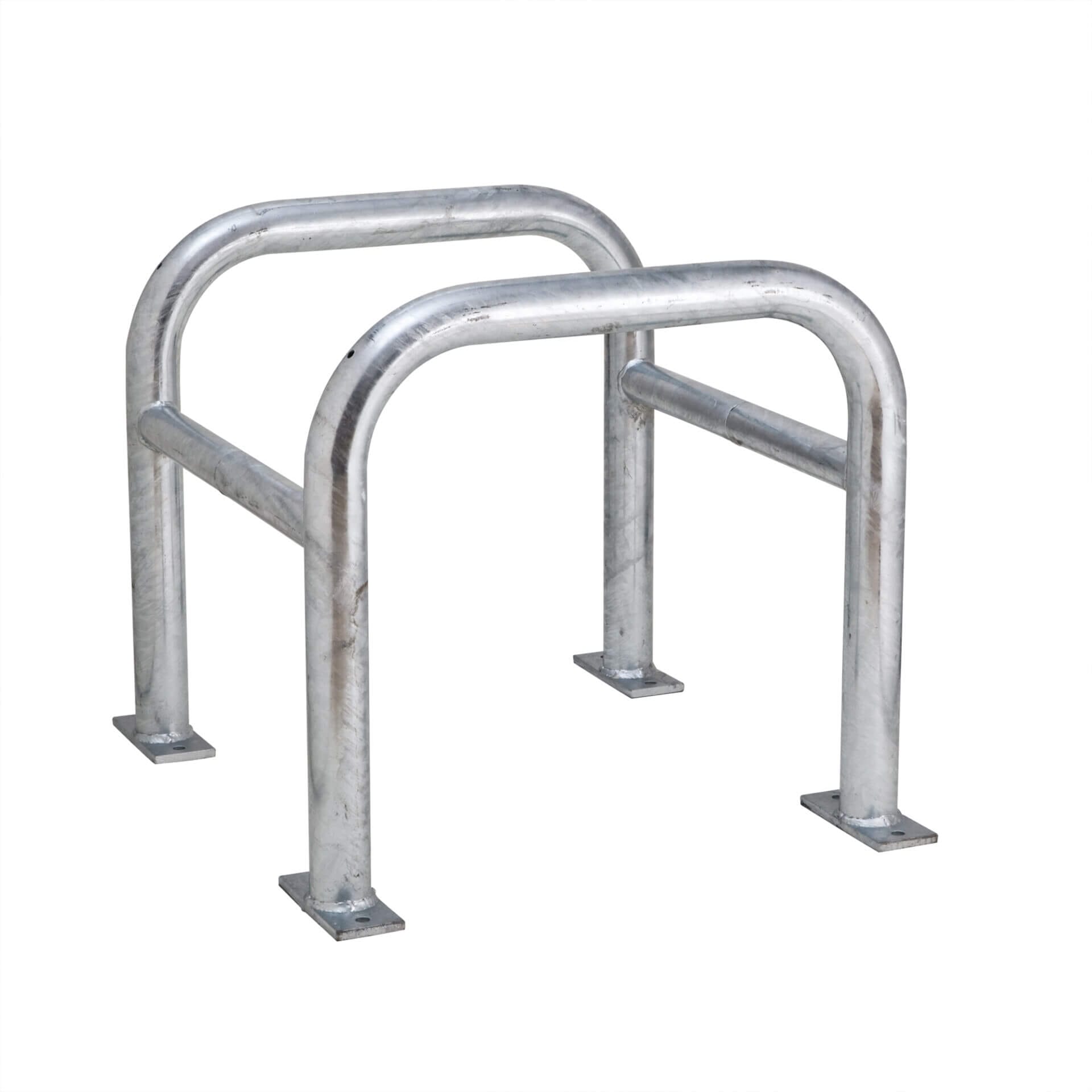 MORION Säulenschutz mit zwei U-Bügeln und vier Bodenplatten zur sicheren Befestigung und Abstellung von Fahrrädern.