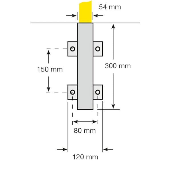 Technische Zeichnung MORION-Schutzbügel, vertikaler Stahlpfosten mit Montageplatten, Schrauben, Maßen: 54, 150, 300, 80, 120 mm.
