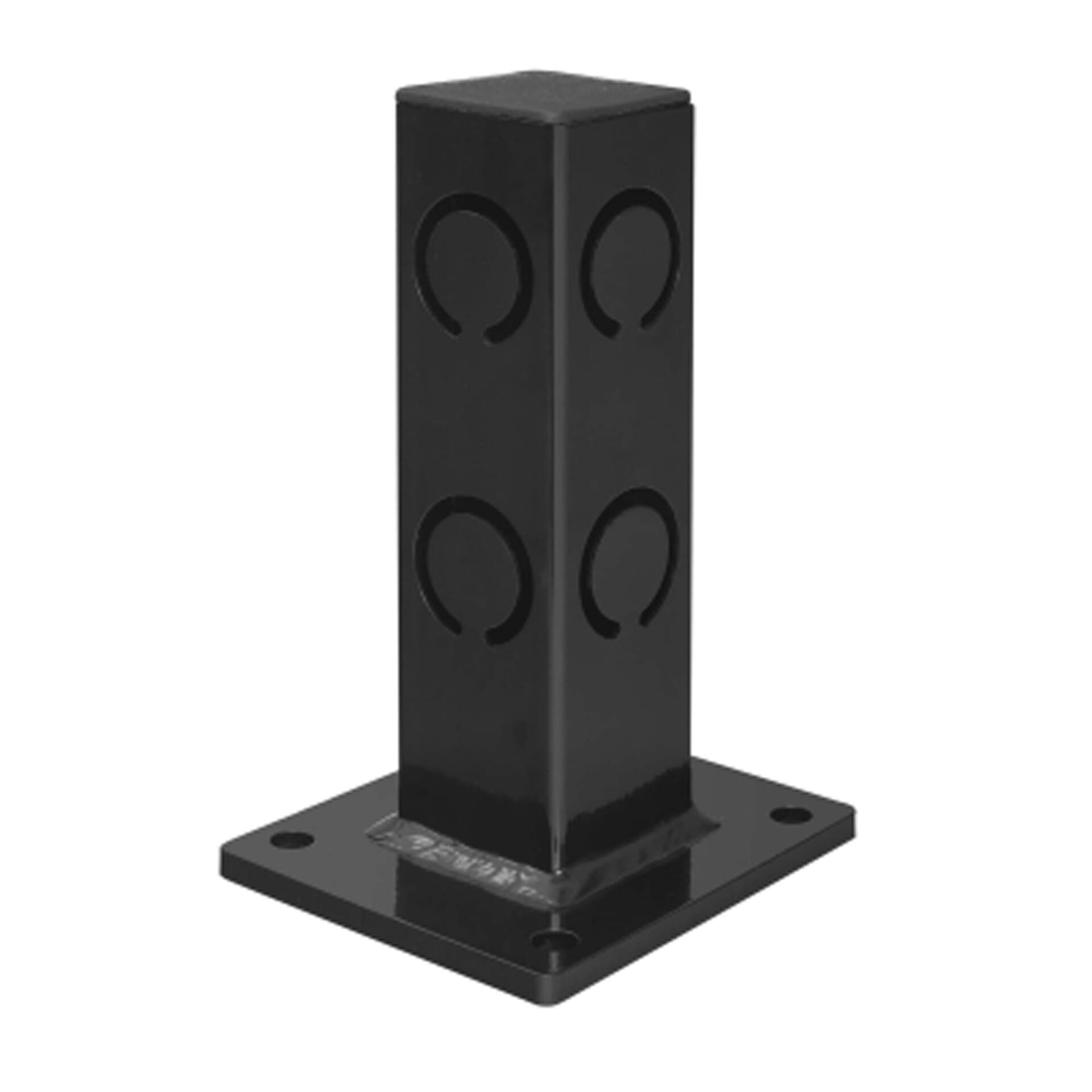 Schwarze Metall Eckpfosten-Bodenplatte, quadratisch, flache Montageplatte, vier Befestigungslöcher, runde Seitenausschnitte.