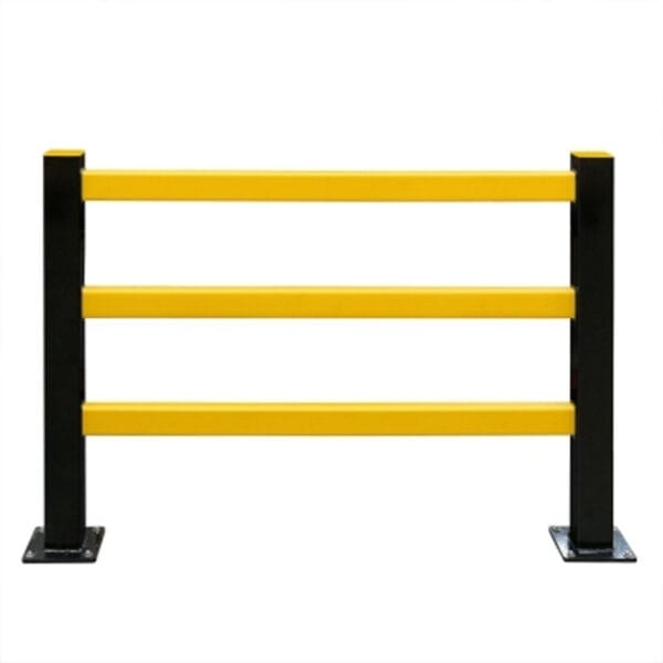 BLACK BULL Schutzgitter Hybrid mit drei gelben Querstreben, zwei schwarzen Pfosten und flachen Bodenplatten aus Stahl.