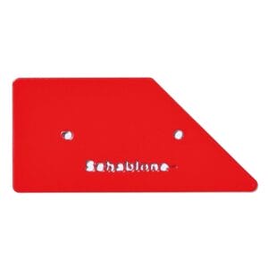 Rote, flache Säge-Bohr-Schablone aus Kunststoff für Rammschutz-Geländer Hybrid mit zwei Bohrlöchern und "Schablone"-Ausschnitt.