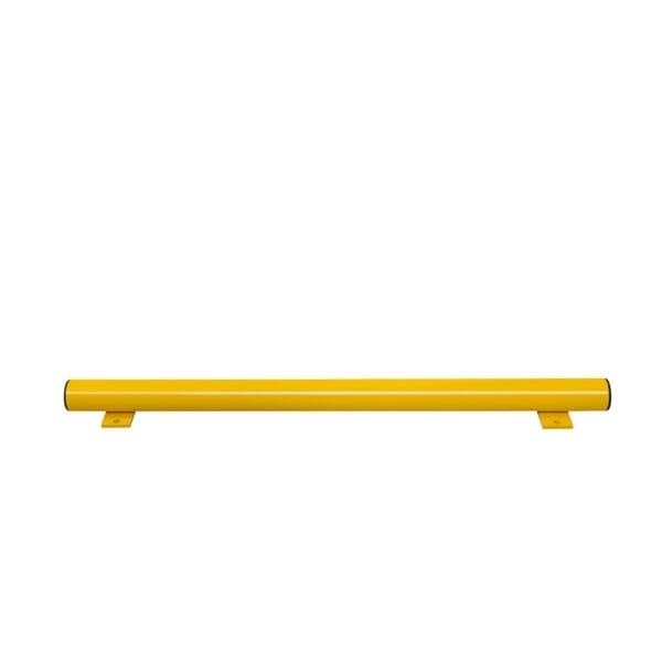 Gelber Unterfahrschutz-Balken, horizontal, mit schwarzen Endkappen und zwei Montageplatten, freigestellt auf weißem Hintergrund.