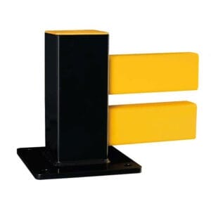 Schwarzer Metallpfosten mit zwei waagerechten gelben Streifen, auf flacher Bodenplatte befestigt - Absperrung, Sicherheitsbalken.
