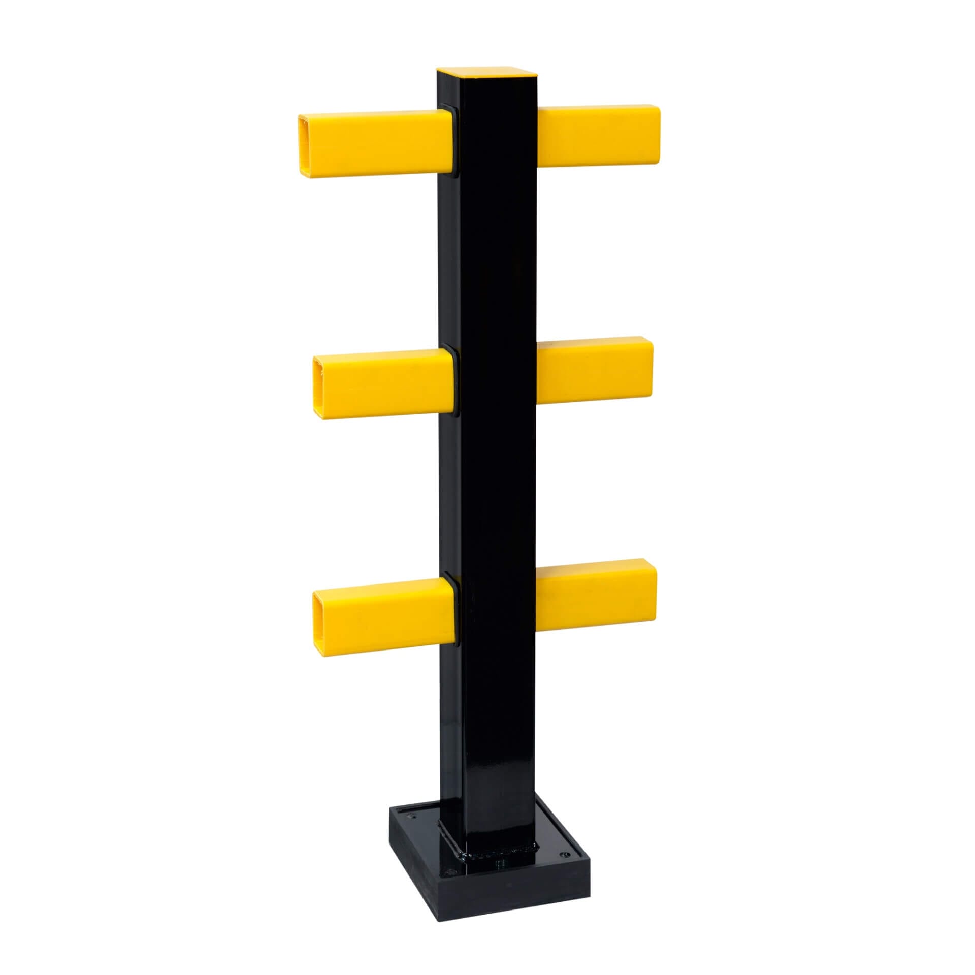 Schwarzer Rammschutzpfosten mit quadratischem Sockel, drei gelbe Querstreben pro Seite, Rammschutz-Geländer Hybrid.