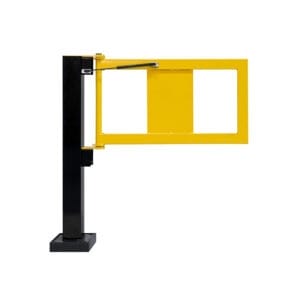 Gelb-schwarze BLACK BULL Geländer-Tür mit Gasdruckfeder, Metallschutzgitter auf schwarzem Pfosten, vor weißem Hintergrund.