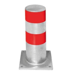 Metall-Rammschutzpoller mit zwei roten Reflexstreifen, quadratischer Fußplatte und vier Befestigungslöchern für LKW-Parkplätze.