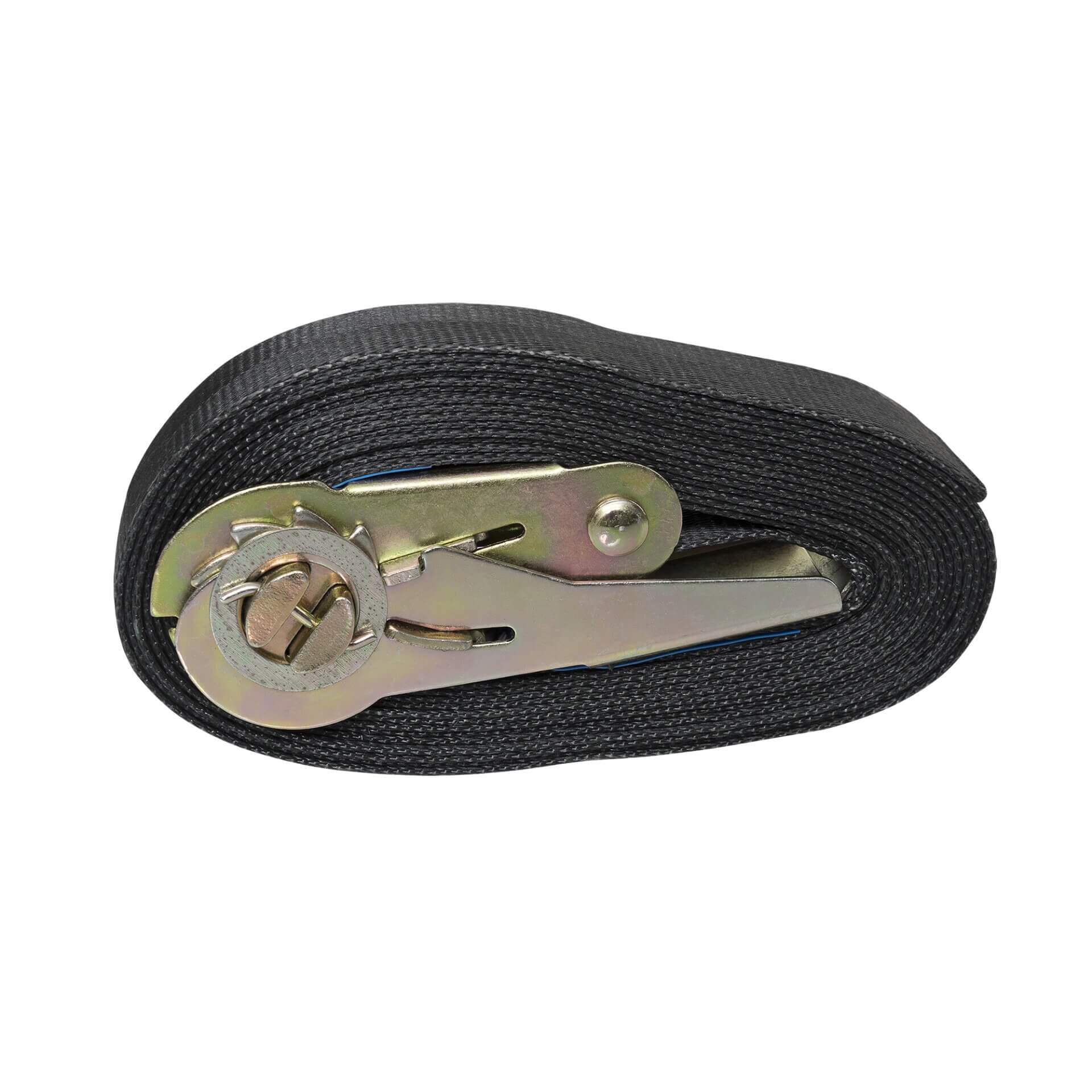 Schwarzer, aufgerollter Spanngurt aus Kunststoff mit Ratschenmechanismus, 4 m lang, geeignet für Säulenschutz.