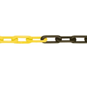 Kunststoffkette MNK-Güte 8 mit gelben und schwarzen Gliedern, abwechselnd angeordnet, vor weißem Hintergrund.
