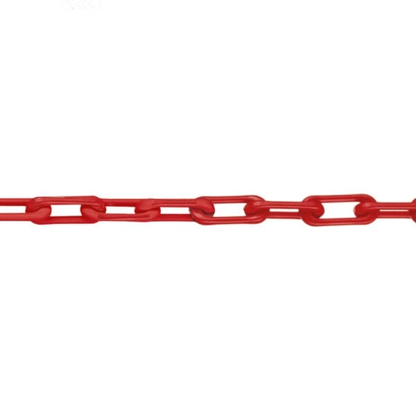 Rote Kunststoffkette MNK-Güte 6 mit rechteckigen Gliedern, horizontal ausgerichtet auf weißem Hintergrund.