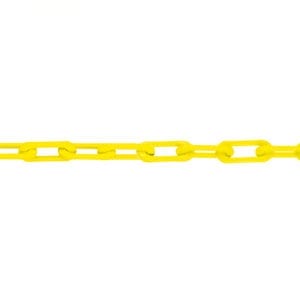 Gelbe Kunststoffkette MNK-Güte 6 mit ovalen Gliedern horizontal gespannt auf weißem Hintergrund, Detailansicht.