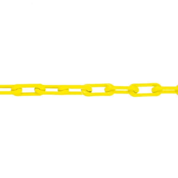 Gelbe Kunststoffkette MNK-Güte 6 mit ovalen Gliedern horizontal gespannt auf weißem Hintergrund, Detailansicht.