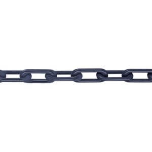 Schwarze Metallkette Güteklasse 8 mit ovalen, ineinandergreifenden Gliedern, waagrecht auf weißem Hintergrund.