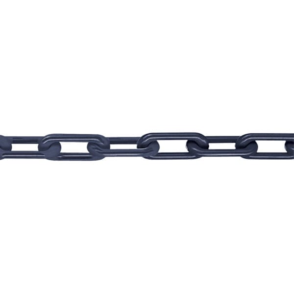 Schwarze Metallkette Güteklasse 8 mit ovalen, ineinandergreifenden Gliedern, waagrecht auf weißem Hintergrund.