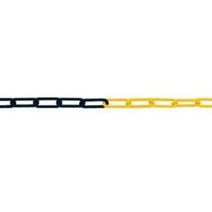 Horizontale Kette mit schwarzen Gliedern links, gelben Gliedern rechts auf weißem Hintergrund, Farbübergang sichtbar.