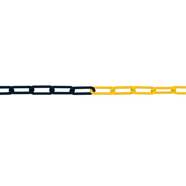 Horizontale Kette mit schwarzen Gliedern links, gelben Gliedern rechts auf weißem Hintergrund, Farbübergang sichtbar.