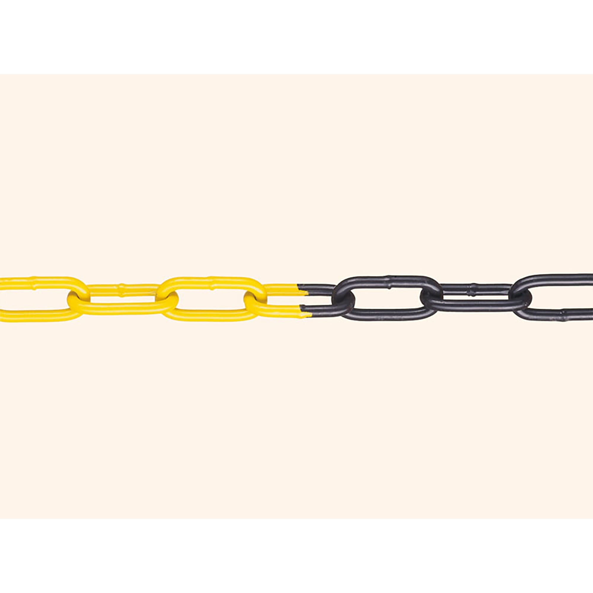 Kunststoffkette mit gelben und schwarzen Gliedern, links gelb beginnend und rechts schwarz, auf hellem Hintergrund.