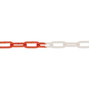 Kunststoffkette, links rote und rechts weiße Glieder, Farbverlauf von Rot zu Weiß, auf weißem Hintergrund.