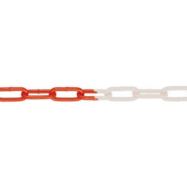 Kunststoffkette, links rote und rechts weiße Glieder, Farbverlauf von Rot zu Weiß, auf weißem Hintergrund.