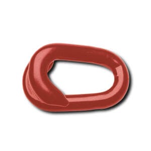 Rotes Metall-Verbindungsglied, offene Kettenverbindung für Hebeanwendungen, liegt deutlich sichtbar auf weißem Hintergrund.