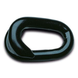Schwarzes, ovales Verbindungsglied mit seitlichem Schlitz, ideal als Kettenglied oder Kettenverbinder für Befestigungen.