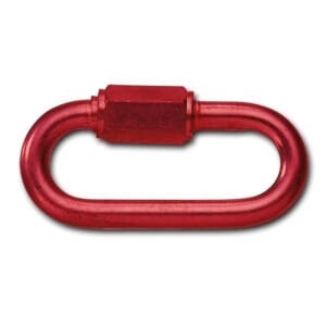 Rotes Verbindungsglied mit Schraubgewinde, aus Metall, mit Überwurfmutter, auf weißem Hintergrund. Kettenglied Hardware Deutschland.