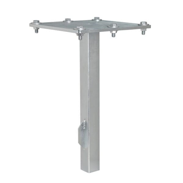 Bodenrohr 60mm Metall Pfostenanker, quadratische Grundplatte mit Schrauben zur Befestigung von Holzpfosten auf Beton.