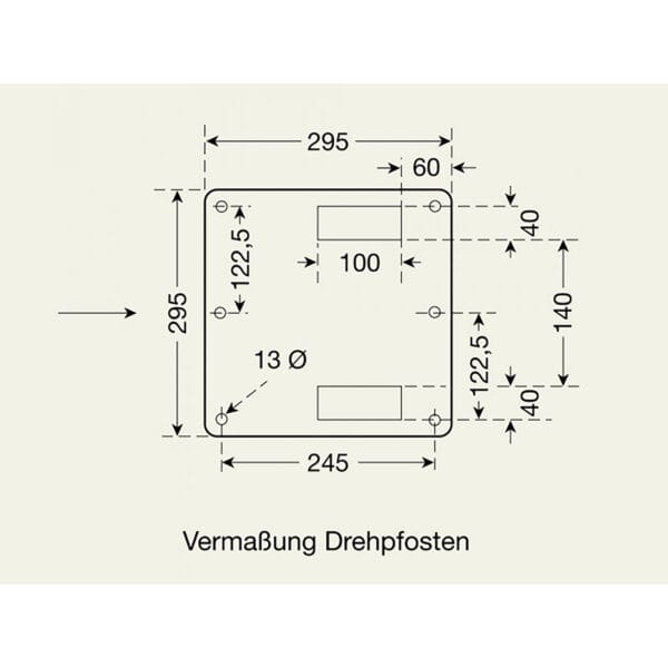 Technische Zeichnung Metallplatte 295x295 mm, Maße und Bohrungen für COMPACT Systemschranke mit Gegengewicht, Vermaßung Drehpfosten.