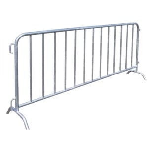 MORION Absperrgitter aus Metall mit senkrechten Stäben und schrägen Standfüßen, geeignet für Veranstaltungen und Zugangskontrolle.