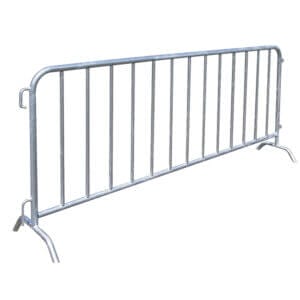 MORION Absperrgitter aus Metall mit senkrechten Stäben und schrägen Standfüßen, geeignet für Veranstaltungen und Zugangskontrolle.