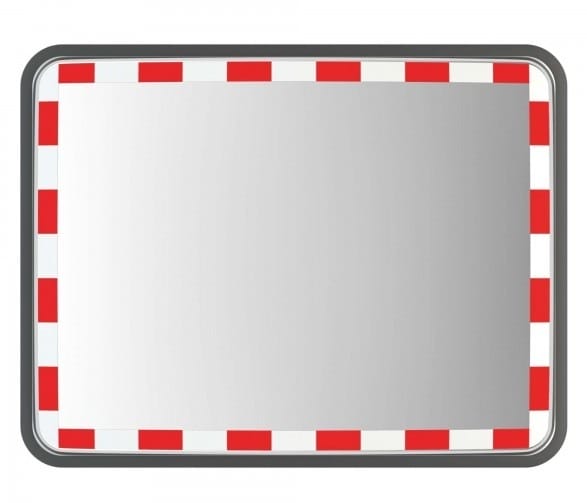 DURABEL BASIC Verkehrsspiegel, rechteckig, schwarzer Rahmen, rot-weißer Rand, spiegelt Umgebung, Verkehrssicherheit.
